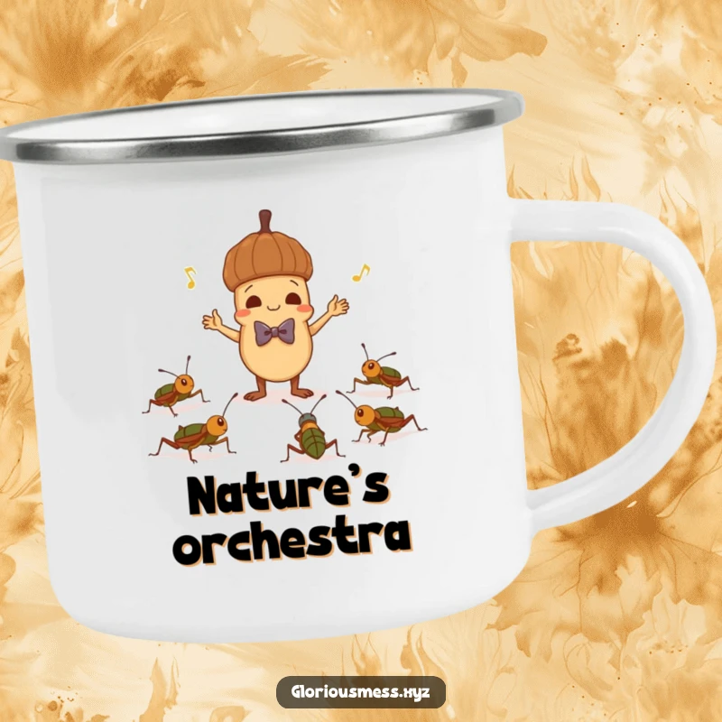 Funny camping mug featuring a mischievous acorn in a bowtie conducting crickets, perfect for outdoor drinks and nature lovers.