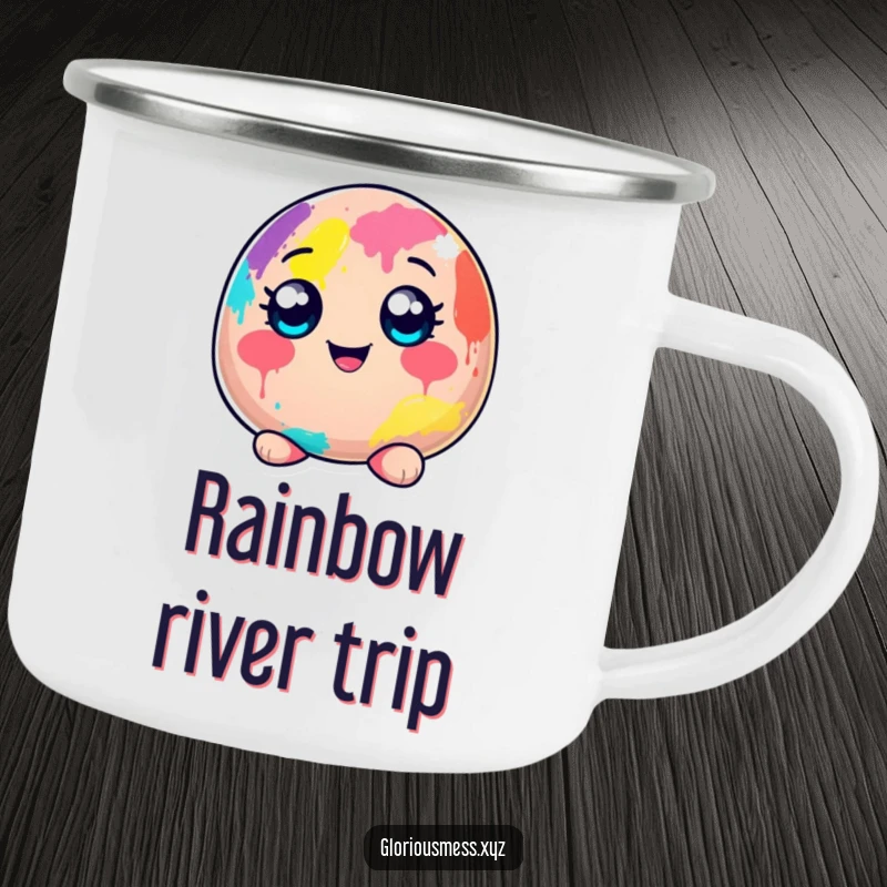 Funny camping mug with a cheerful blob character, wide-eyed and covered head to toe in colorful paint, perfect for outdoor artists.