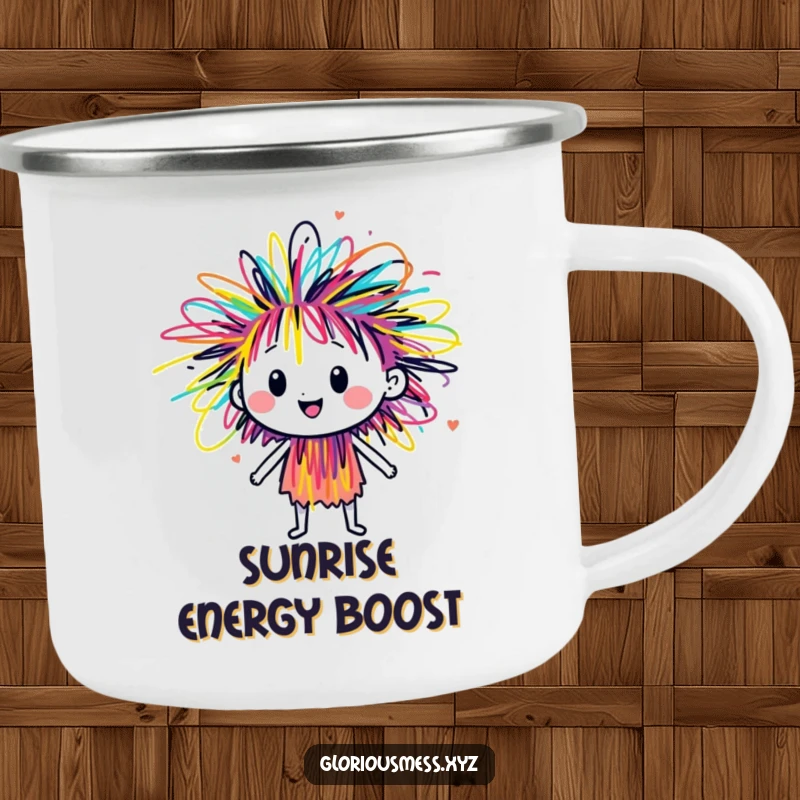Funny sentient scribble character bursting with colorful energy, a sturdy camping mug featuring vibrant, artistic, and humorous design.
