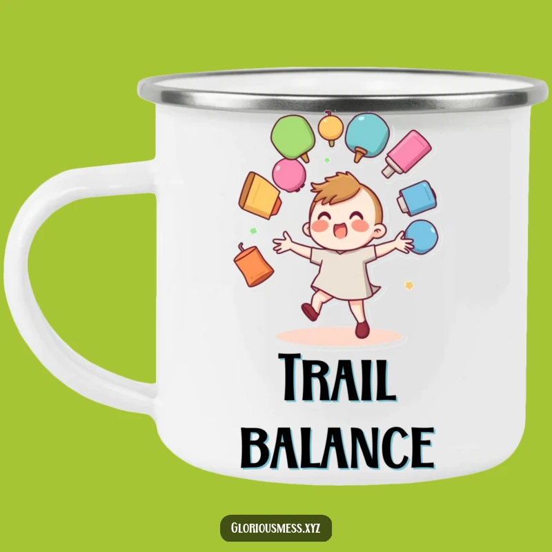 Funny Juggler Camping Mug: Wobbly Character Fumbling Colorful Objects Cup