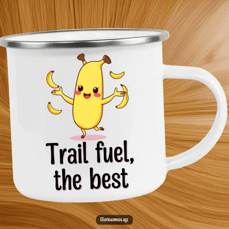 Funny camping mug with a happy, dancing banana character juggling smaller bananas, perfect for outdoor fun, great funny gift.