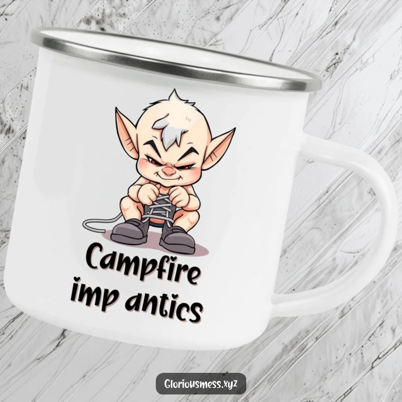 Funny imp camping mug with a sly grin, tying shoelaces together, perfect for outdoor mischief.