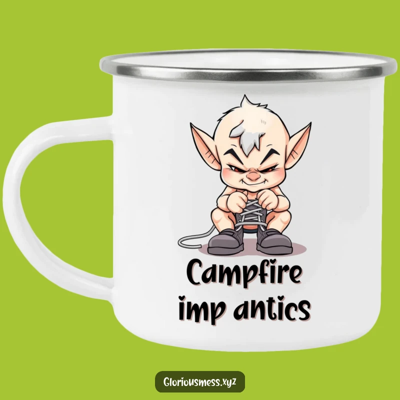 Trail Mischief: Funny Imp Shoelace Prank Camping Mug