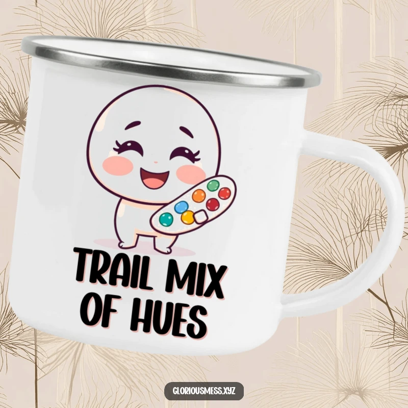 Funny camping mug featuring a cheerful, smudged paint palette character, perfect for outdoor art lovers, great funny gift.