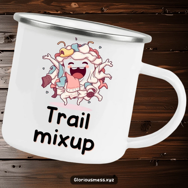 Funny Camping Mug: A sentient pile of laundry humorously doing a wild, energetic, chaotic dance, perfect for outdoor use.
