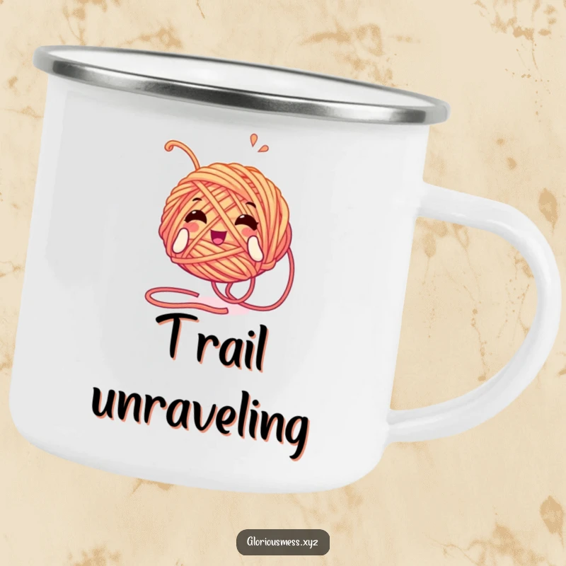 Funny camping mug featuring a tangled yarn ball character unwinding with glee, perfect for outdoor crafting and enjoying nature.