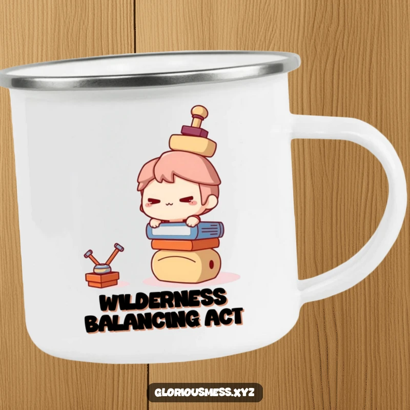Funny Camping Mug: Mischievous character balancing items outdoors, built for adventure and a funny gift.