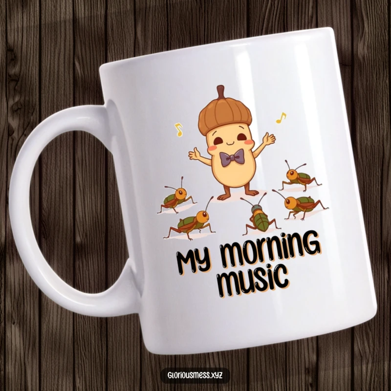 Funny mug showing a mischievous acorn in a bowtie conducting a symphony of crickets, embodying nature's humorous harmony.