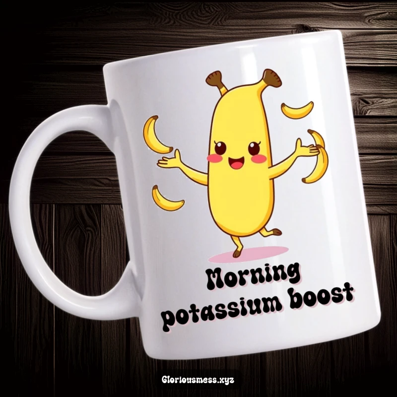 Funny banana mug featuring a happy, dancing character juggling smaller bananas, a joyful and comical addition, perfect funny gift.