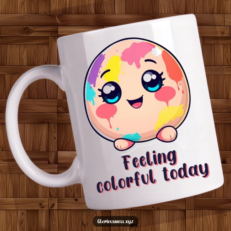 Funny blob character mug, wide-eyed and covered head to toe in vibrant, messy paint, radiating cheerful artistic chaos.