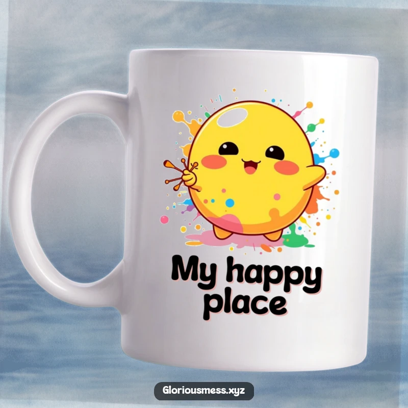 Funny mug featuring a bright yellow blob character gleefully splattering rainbow paint, embodying pure artistic joy and messy fun.
