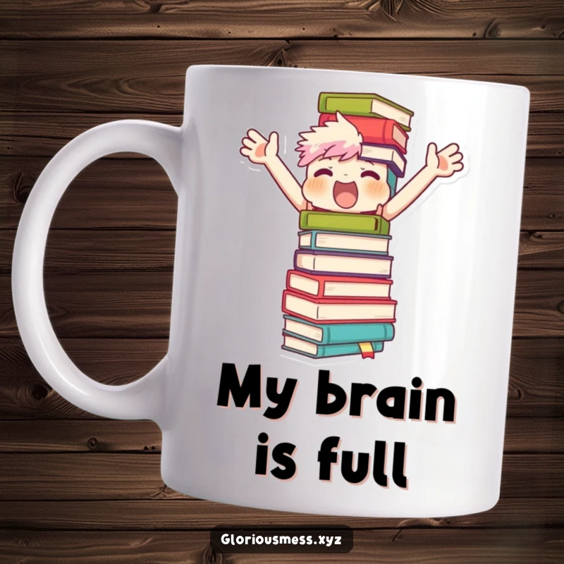 Funny mug shows a character with arms flailing, desperately trying to balance a comically tall, teetering tower of books, a bibliophile's struggle.