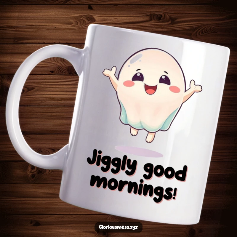 Funny mug featuring a wobbly jelly character joyfully bouncing with excitement and pure happiness.