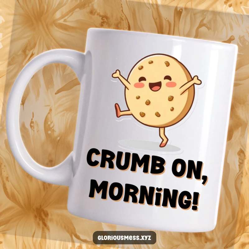 Funny mug with a happy, lopsided cookie enthusiastically performing a cartwheel, radiating pure joy and sweetness.