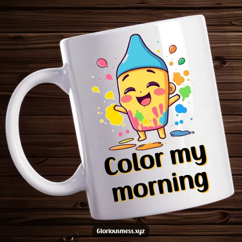 Funny mug with a giggling crayon character wildly smearing vibrant colors, celebrating creative chaos and fun.
