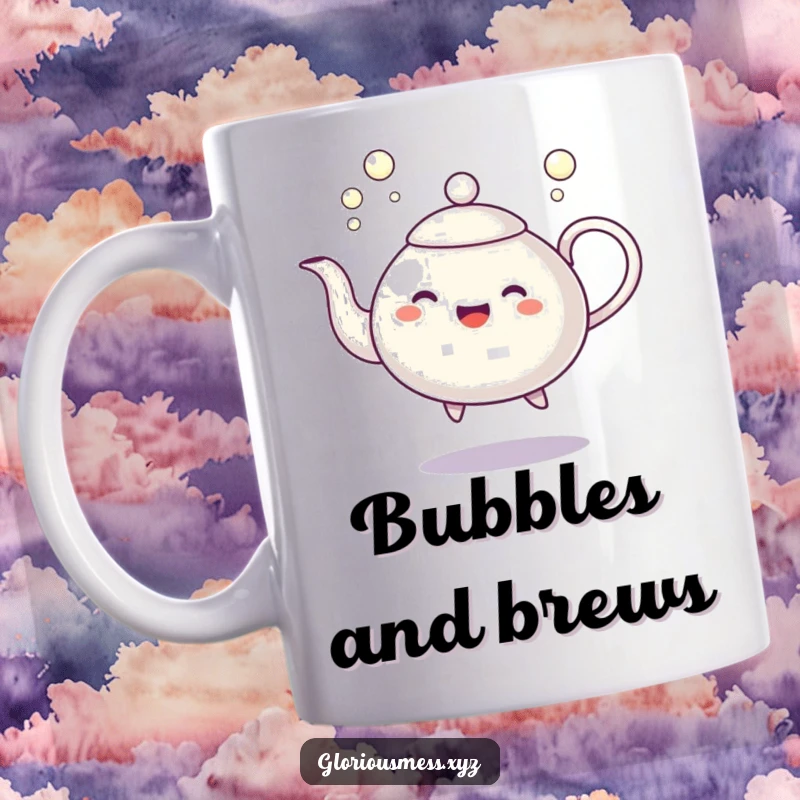 Funny mug featuring a dancing teapot character joyfully spilling a stream of cheerful, iridescent bubbles, embodying fun and refreshment.