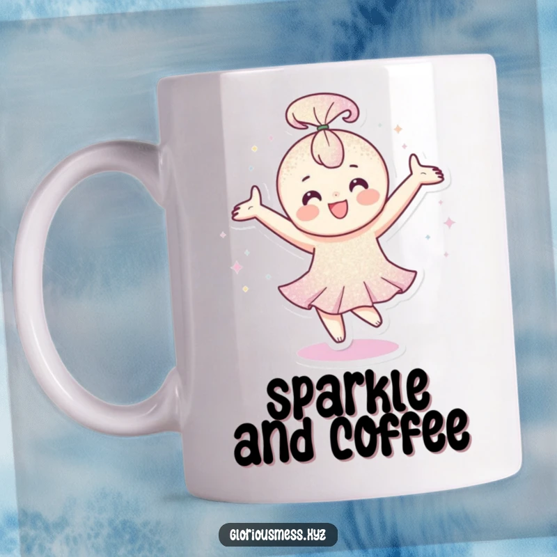Funny Mug: Happy character covered in glitter spinning with arms outstretched, a funny gift for joyous people.