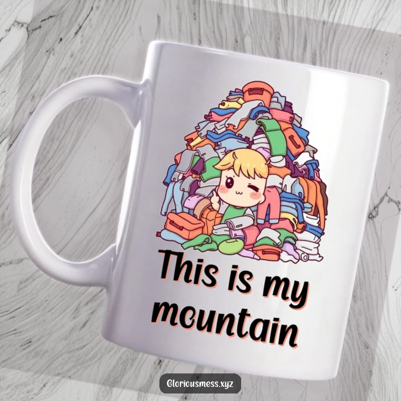 Funny Mug: Character with a knowing wink points to a huge, overflowing mountain of laundry, a funny gift.