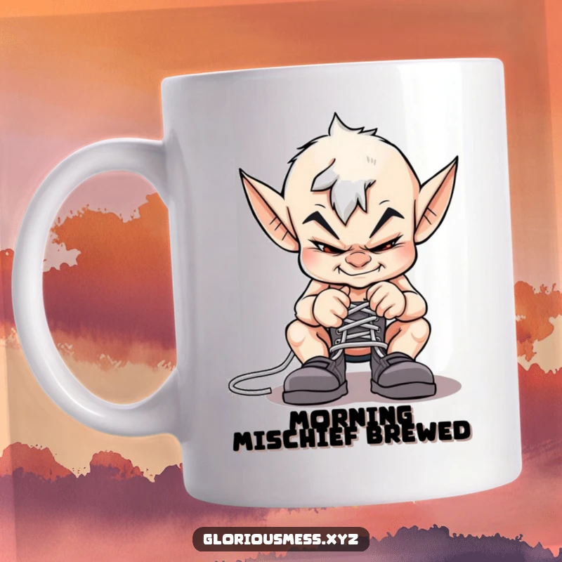 Funny imp mug with a sly grin, caught in the act of mischievously tying shoelaces together.