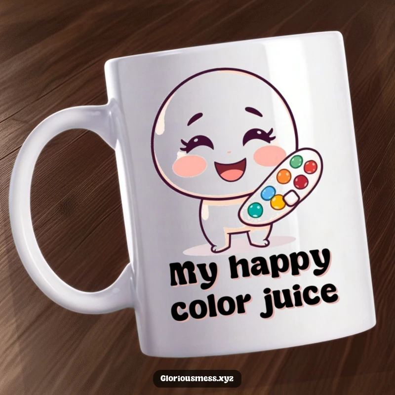 Funny paint palette mug with a wide smile, radiating cheerful artistic vibes and smudged colors, a perfect funny gift.