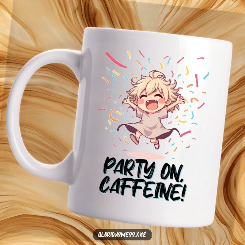 Funny party mug showing a joyful, disheveled character dancing wildly amidst a cascade of colorful streamers, radiating pure celebration.