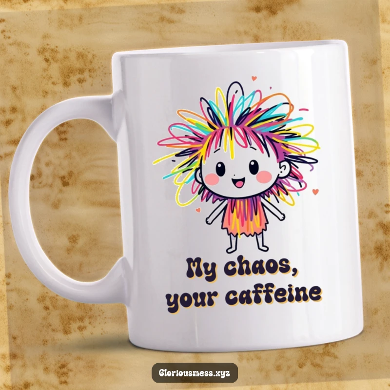 Funny scribble character bursting with colorful energy, a vibrant and abstract design full of life and joy on a ceramic mug.
