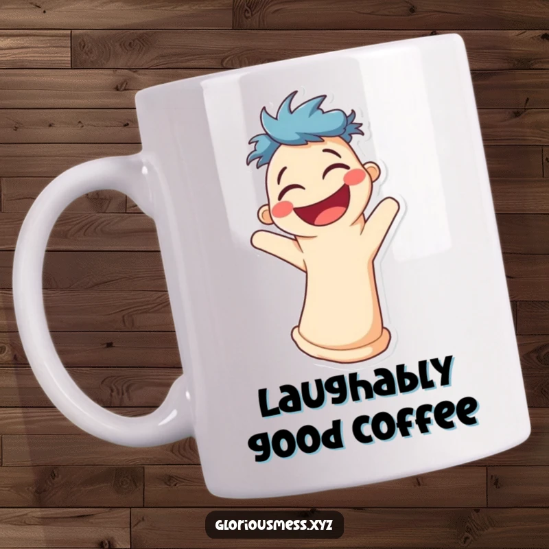 Funny coffee mug featuring a smiling sock puppet character wiggling uncontrollably with uncontrollable fits of laughter.