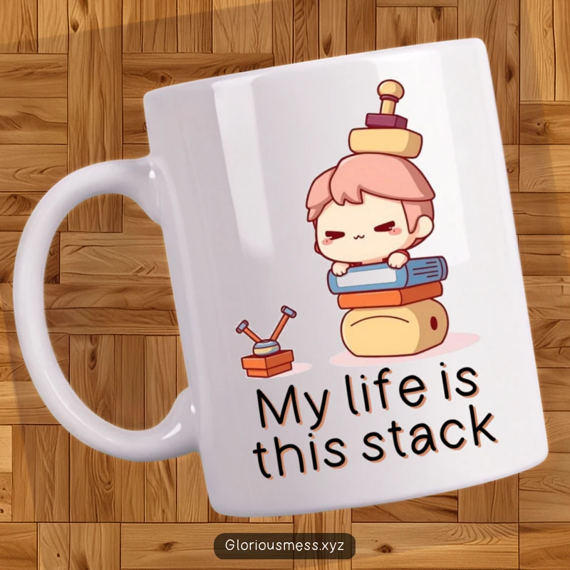 Funny Mug: Mischievous character struggling hilariously to balance a very tall, wobbly stack of everyday objects, conveying playful chaos.