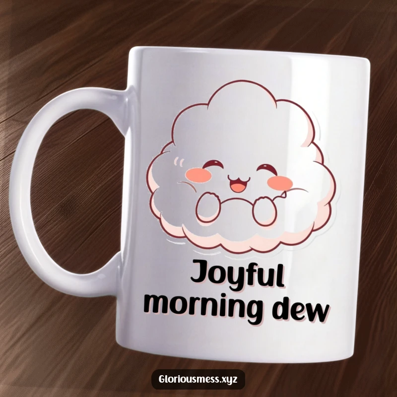 Funny mug featuring a fluffy white cloud character with rosy cheeks, giggling uncontrollably with pure, unadulterated happiness.
