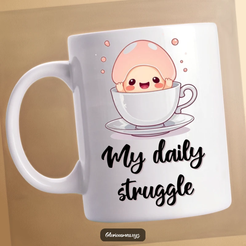 Funny mug showing a sentient jelly blob comically trapped in a tiny teacup, conveying a humorous sense of frustration.