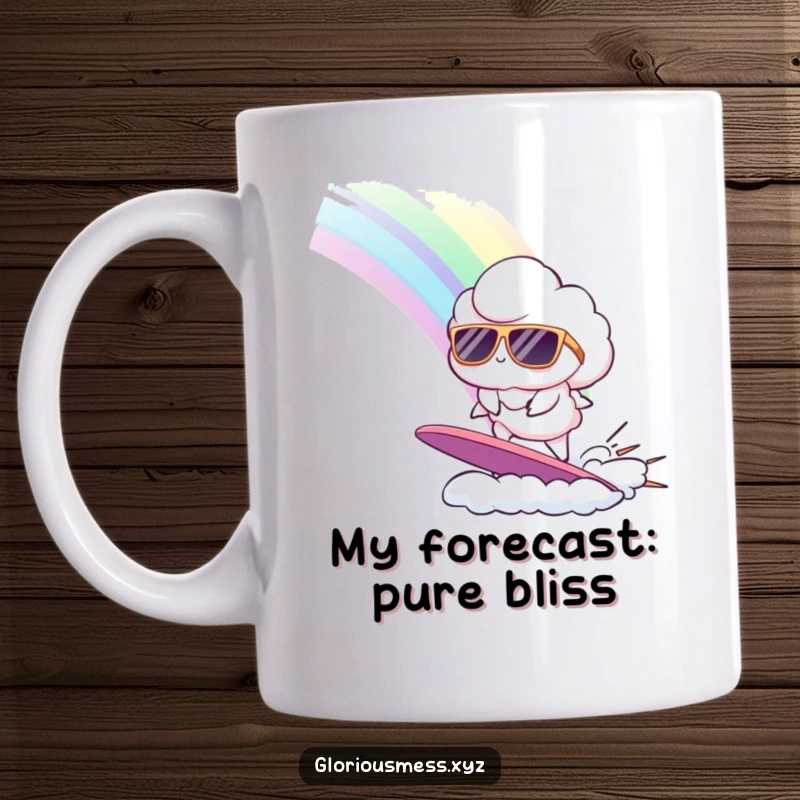 Funny mug with a fluffy cloud in oversized sunglasses surfing a vibrant, gigantic rainbow, embodying pure joy and a carefree attitude.