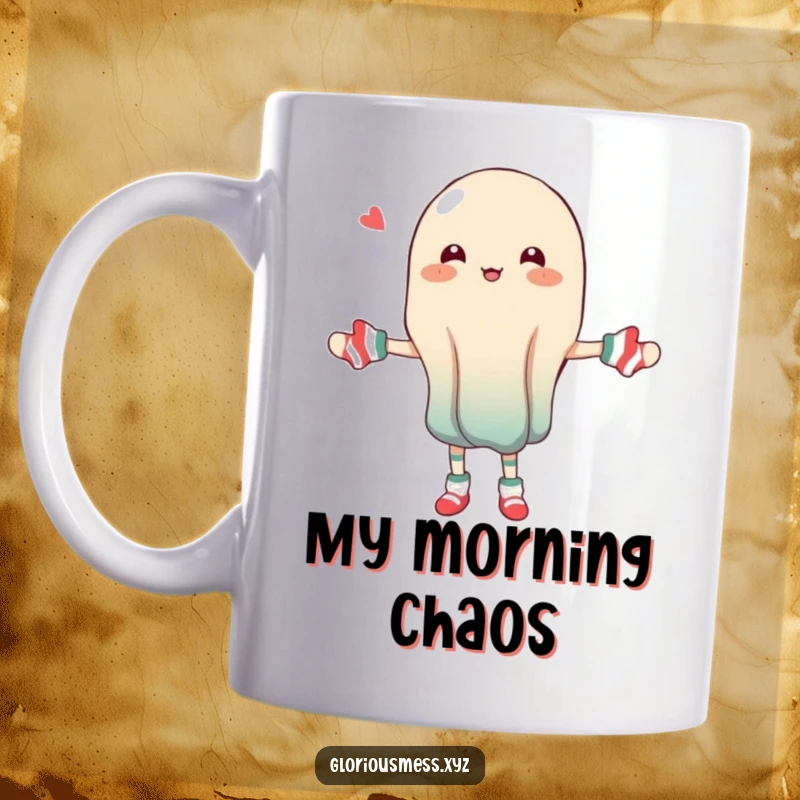 Funny coffee mug featuring a wobbly, jiggly jelly character hilariously attempting to juggle several mismatched socks.