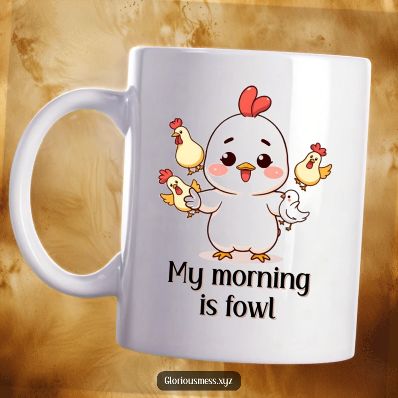 Funny Mug: Playful character with ink splatters juggling three rubber chickens, a funny gift for artists and comedians.