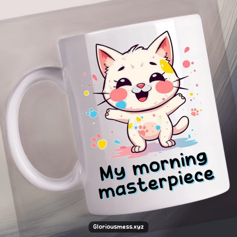 Funny paint splatter mug with a giggling character leaving colorful paw prints, a messy and joyful artistic creation, perfect funny gift.