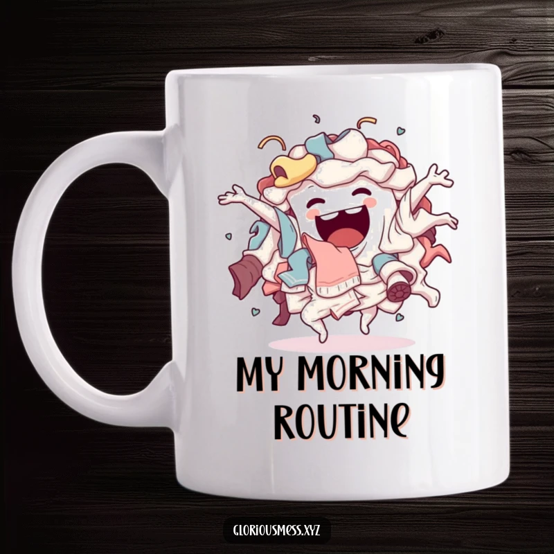 Funny Mug: A sentient pile of laundry humorously performing a chaotic, energetic dance, showcasing its messy joy.