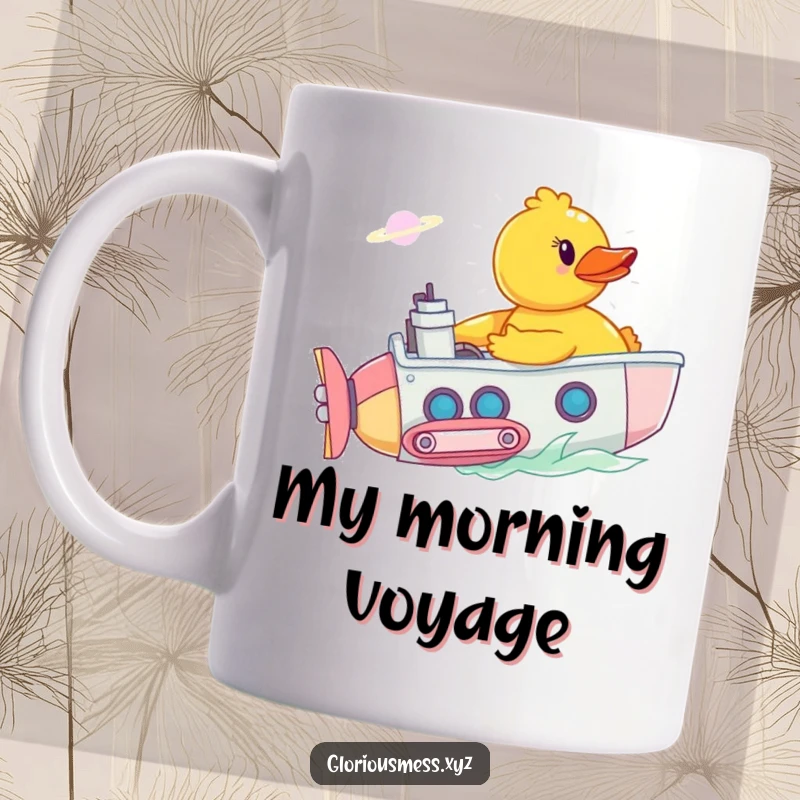 Funny mug featuring a rubber duck piloting a tiny submarine through a swirling, colorful bathtub nebula, embodying playful exploration.