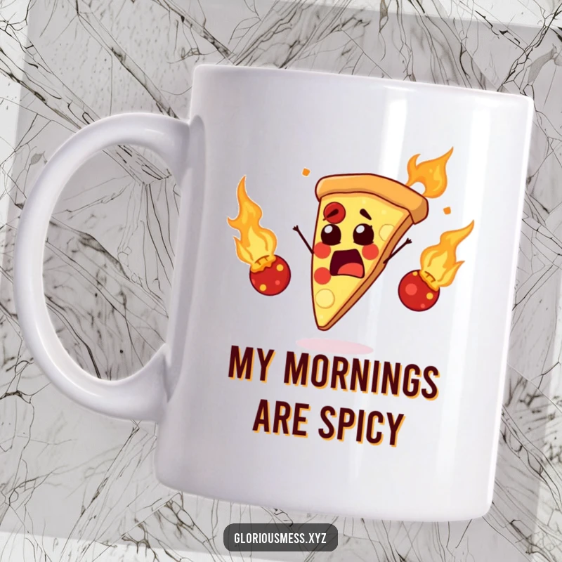 Funny mug showing a startled pizza slice precariously juggling flaming meatballs, highlighting a humorous and fiery culinary disaster.