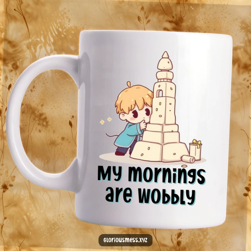 Funny Mug showing a creator struggling with a comically wobbly sculpture that is visibly collapsing, highlighting a humorous build fail.
