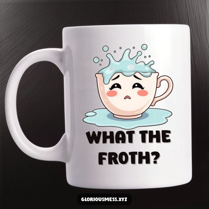 Funny confused teacup character overflowing with bubbling liquid, a whimsical and relatable kitchen mug design.