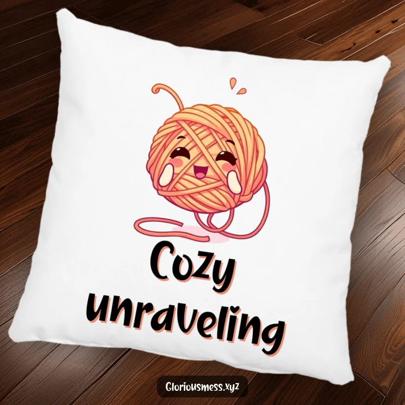 Funny pillow featuring a tangled yarn ball character unwinding with glee, offering comfort and a touch of crafty whimsy.