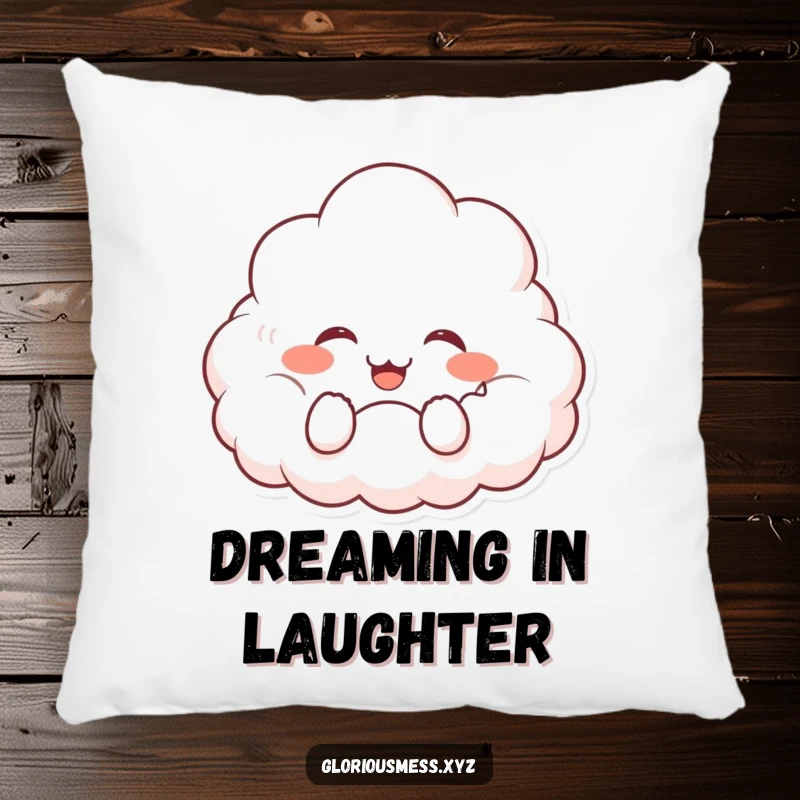 Funny pillow featuring a fluffy cloud character giggling uncontrollably, offering comfort and a cheerful, lighthearted touch.
