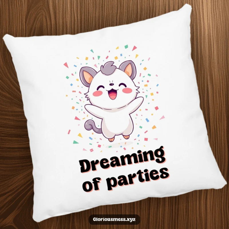 Funny Pillow showcasing a delighted creature surrounded by a whimsical explosion of confetti, perfect for adding humor and comfort.