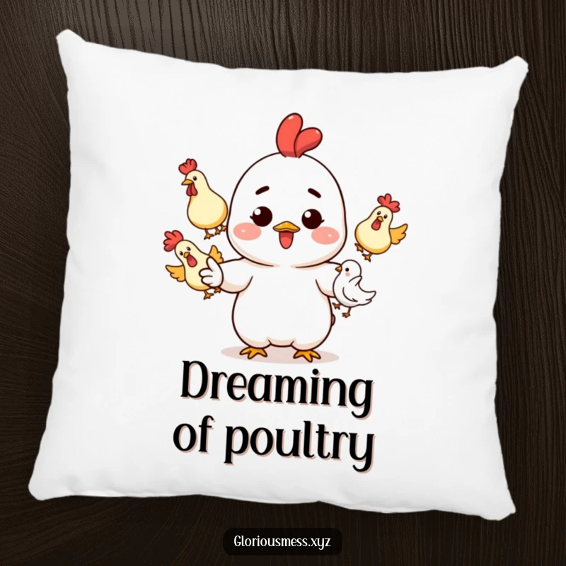 Funny Pillow: Character with ink splatters juggling rubber chickens, designed for comfort and a funny gift.