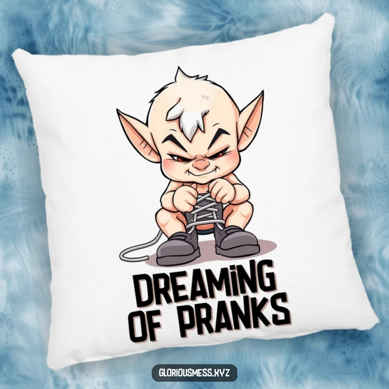 Funny imp pillow with a sly grin, playfully tying shoelaces together, perfect for a mischievous touch.