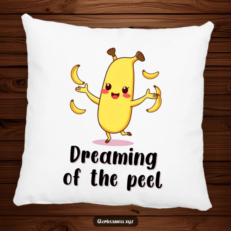 Funny pillow showcasing a happy, dancing banana character juggling smaller bananas, offering cozy comfort and playful humor, a great funny gift.