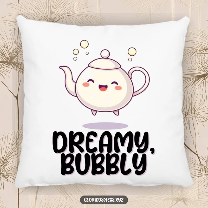Funny pillow featuring a dancing teapot character spilling cheerful bubbles, offering comfort and a touch of playful whimsy.