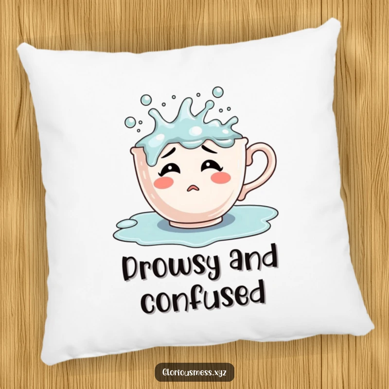 Funny confused teacup character overflowing with bubbling liquid, a soft and humorous decorative pillow for comfort.