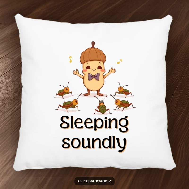 Funny pillow featuring a mischievous acorn in a bowtie conducting crickets, offering soft and humorous comfort for any space.