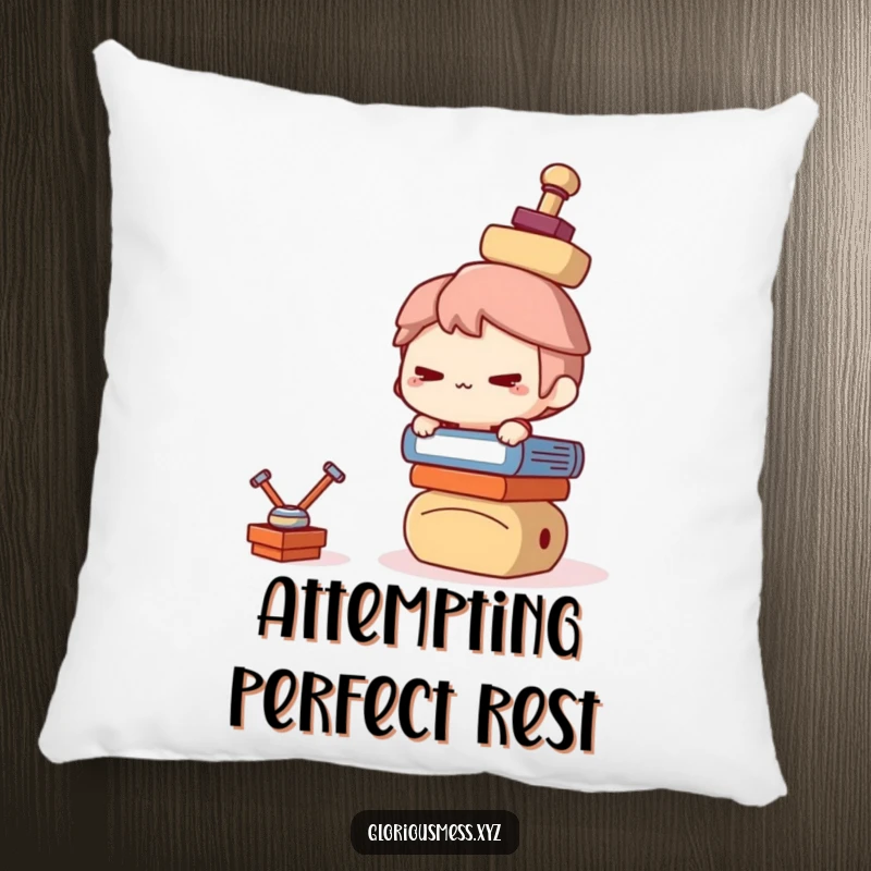 Funny Pillow: Mischievous character balancing a teetering stack of items, designed for laughs and comfort, a funny gift.
