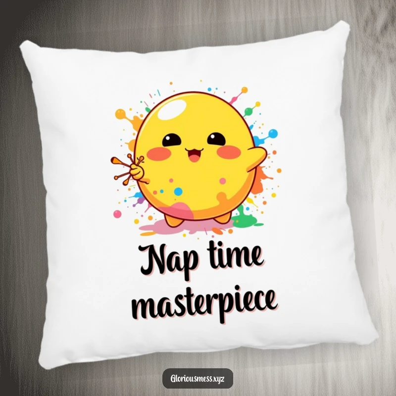 Funny pillow featuring a happy yellow blob character joyfully splattering a rainbow of paint, offering both comfort and artistic flair.